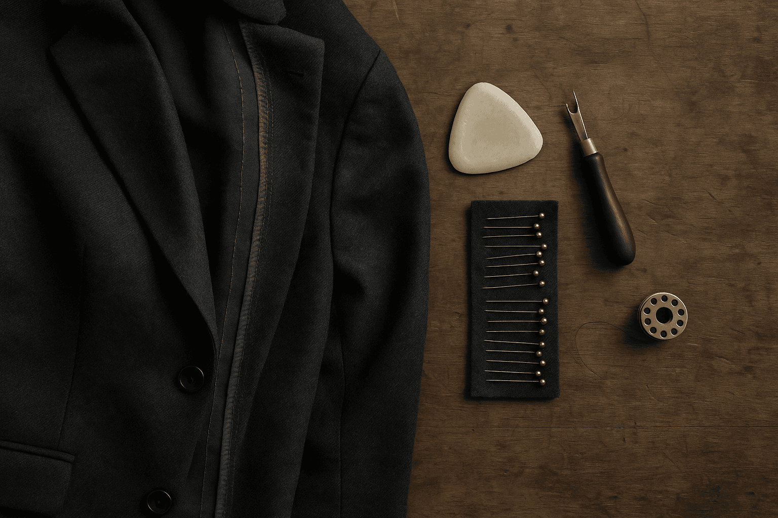A dark wool jacket turned inside out on a tailor’s bench beside chalk, pins and a seam ripper.