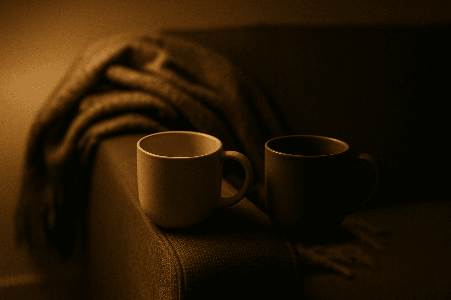 Two mugs on the arm of a sofa in the evening beside a pushed-aside throw, lit by a single lamp.