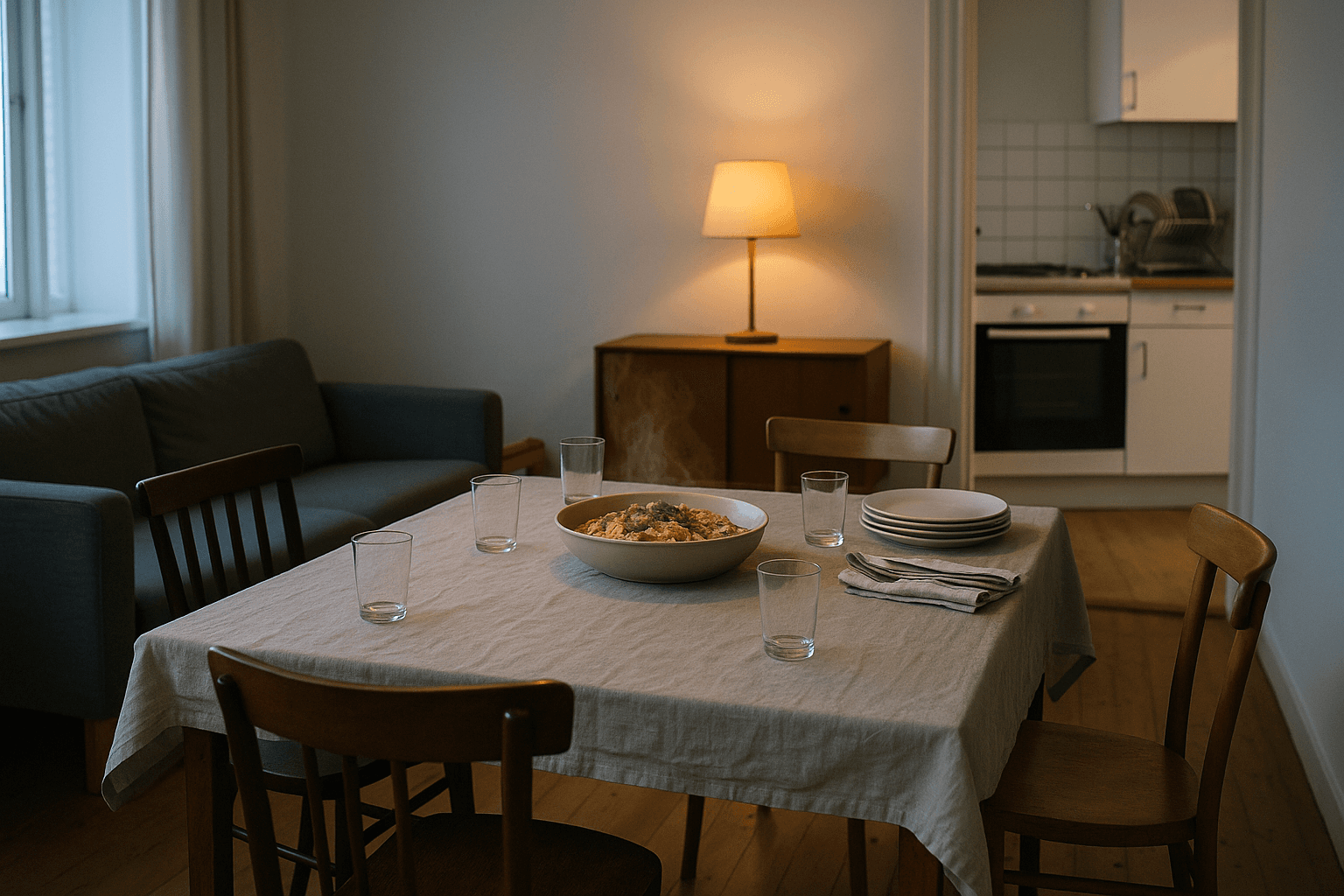 A small flat's living room set for dinner for six: a table pulled away from the wall with mismatched chairs and stools around it, one large shared dish in the centre, and drinks set up separately on a side table by the door.