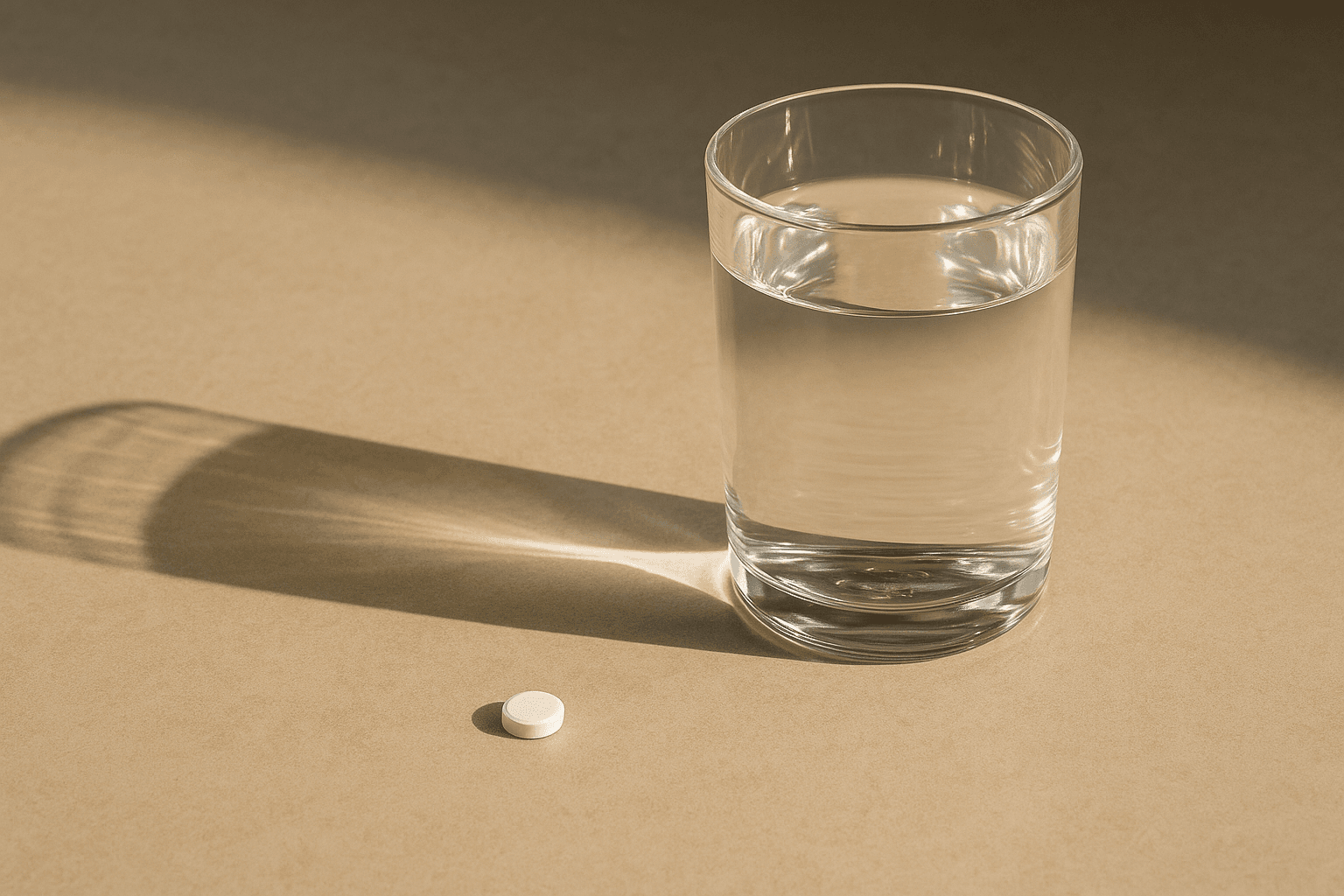 A single small white tablet beside a glass of water on a bare kitchen surface in morning light.