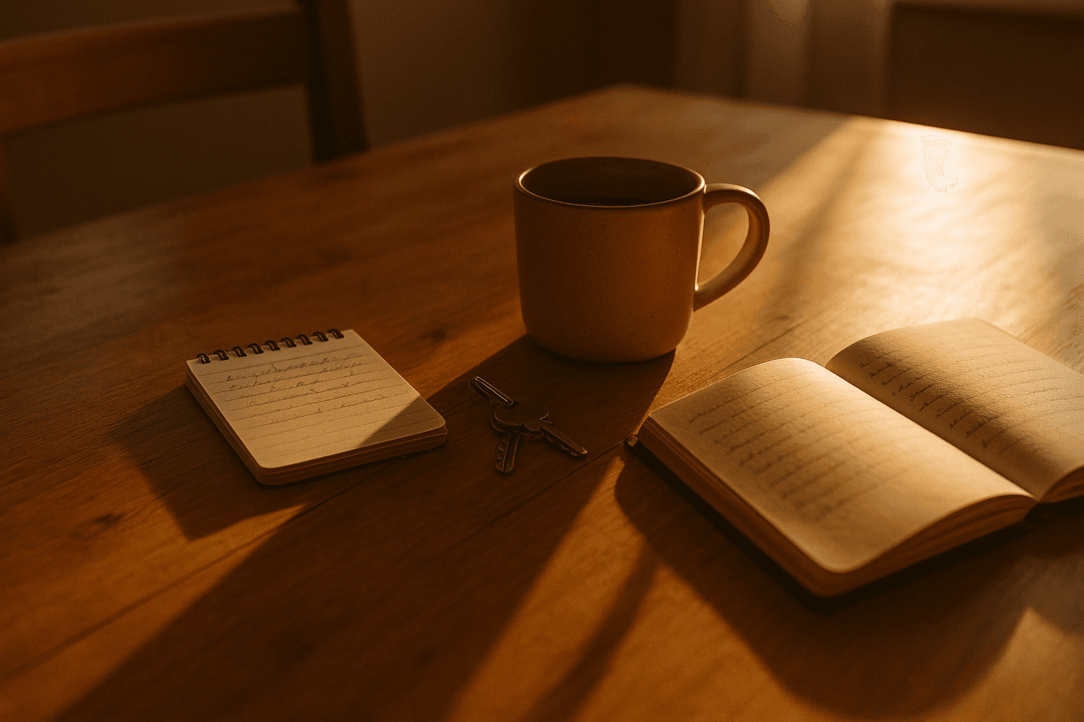 A kitchen table in late afternoon light with a notepad, an open diary, keys and a cooling mug.
