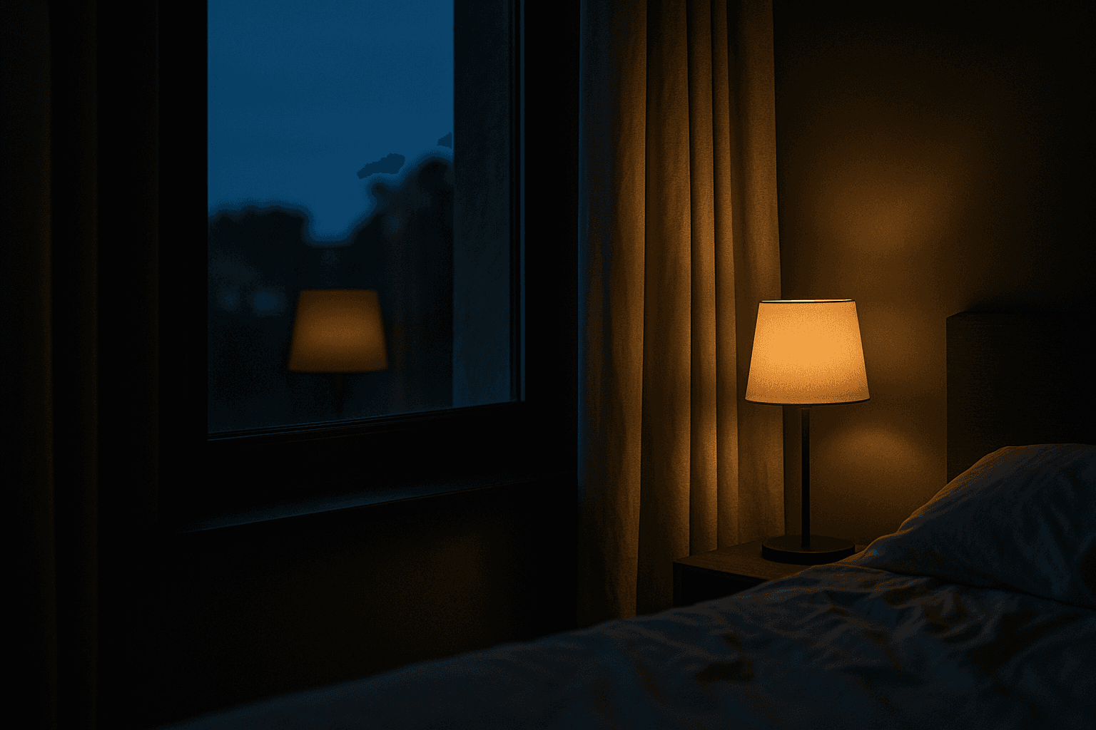 A bedroom window at dusk with a lamp reflected in the dark glass and the corner of an unmade bed.