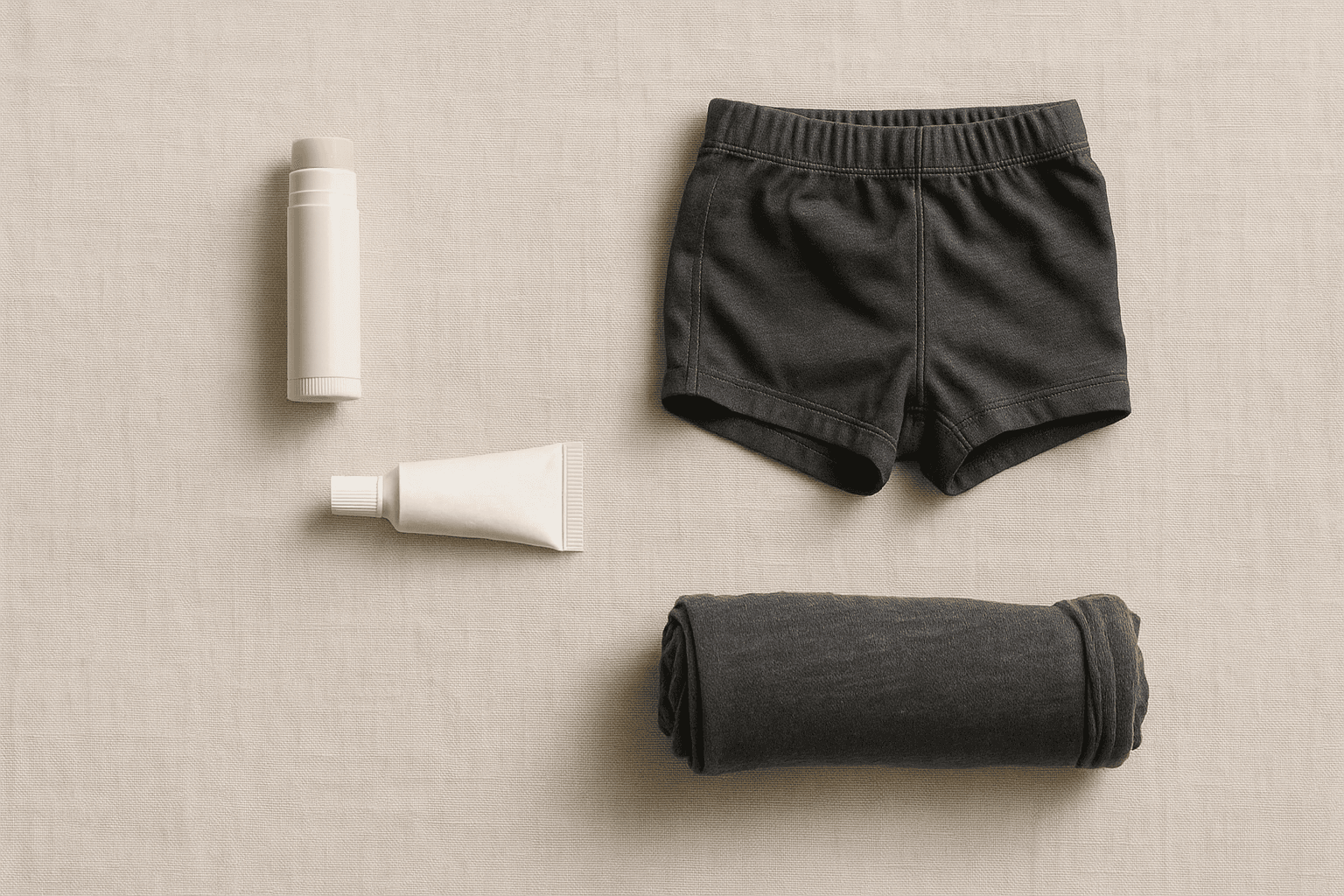 A flat-lay of a balm stick, a tube of ointment, folded technical shorts and a roll of merino fabric on linen.