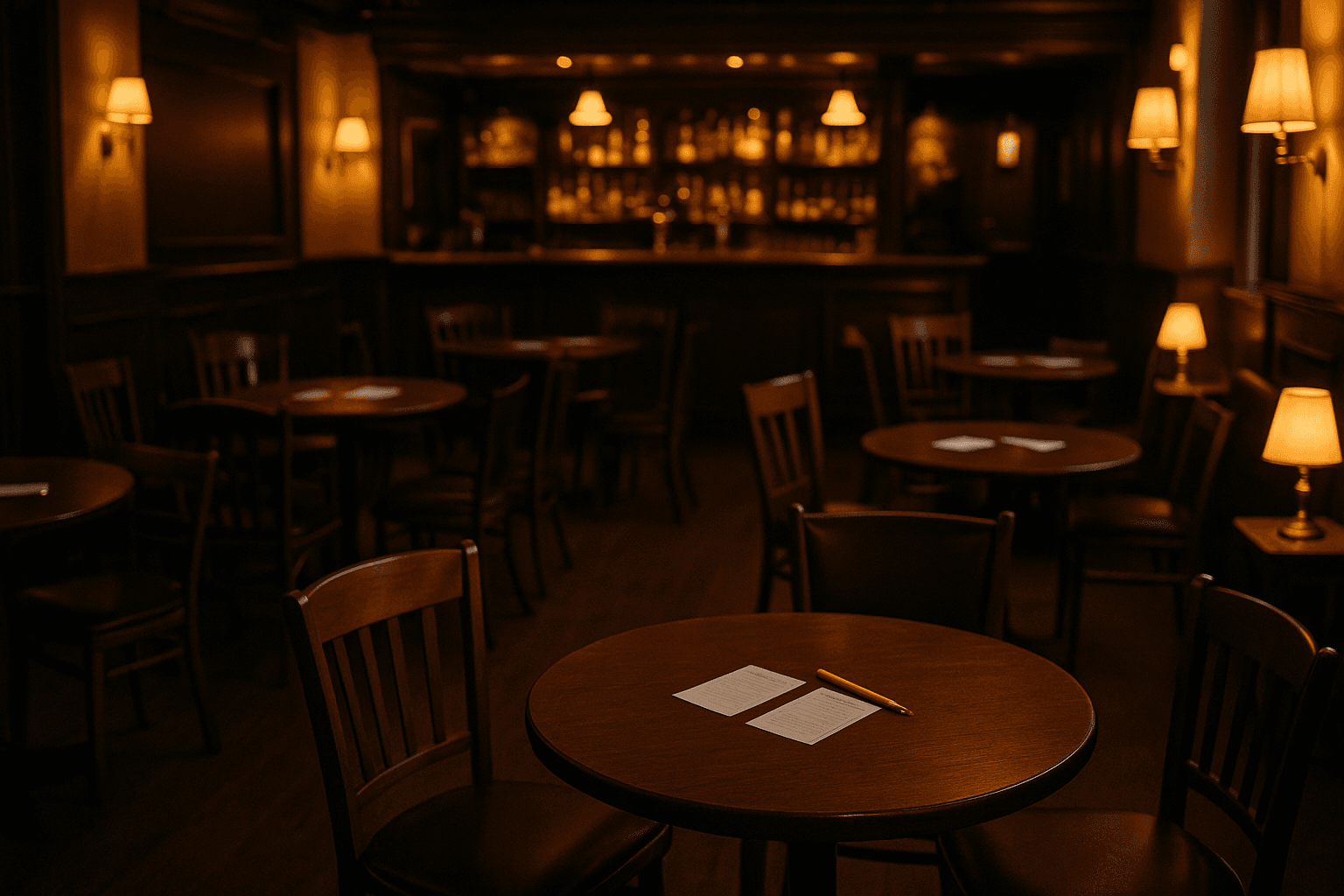 An empty pub room set up for a weekly quiz, with pencils and scorecards on small tables and the bar behind.