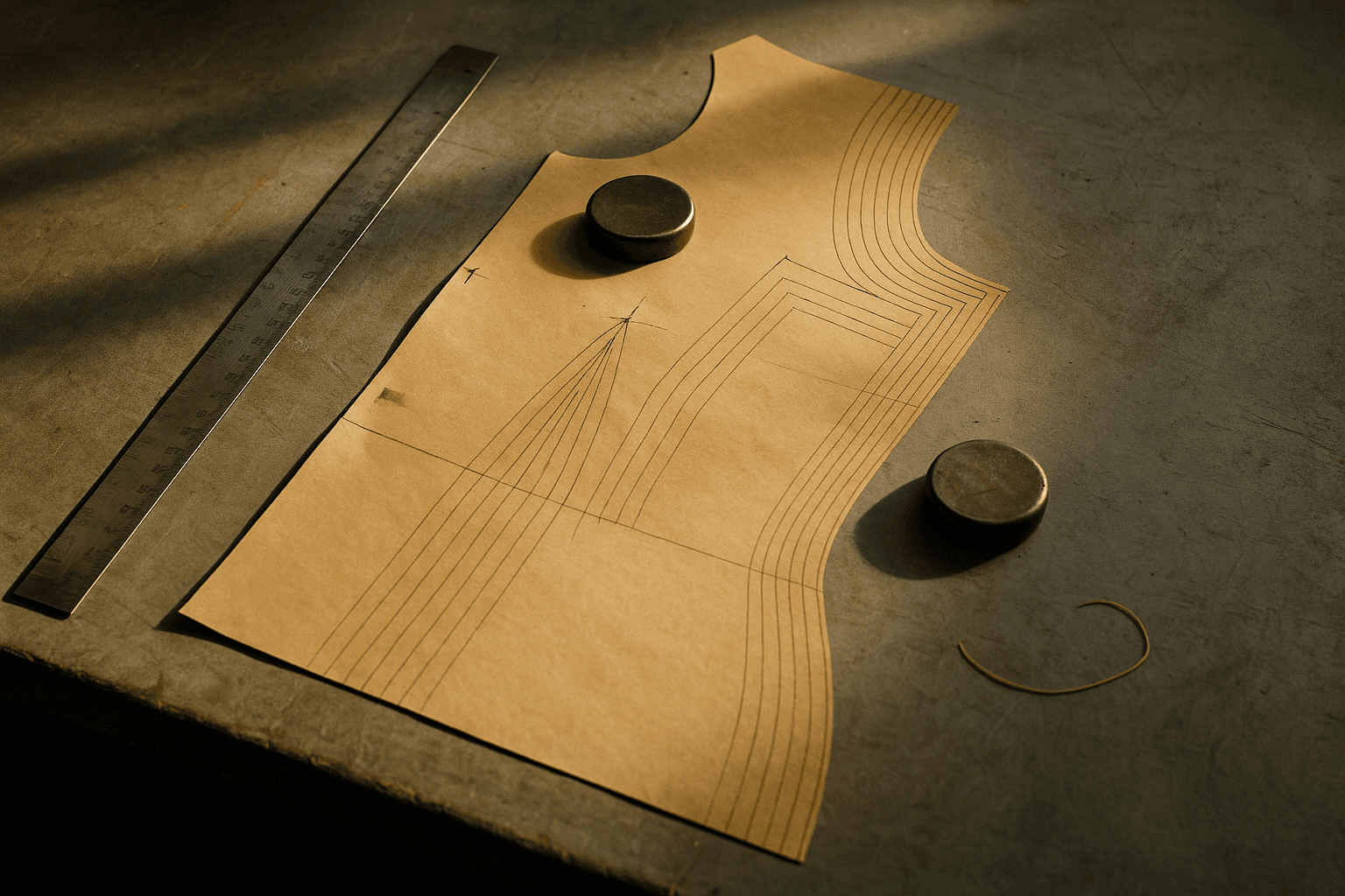 A half-graded paper garment pattern on a cutting table, its nested size lines running off the edge.