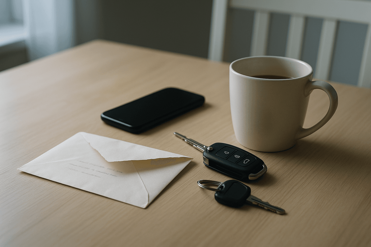 A kitchen table in early morning light with an envelope covered in handwriting turned face-down, a phone screen-down, keys and a cold mug of tea — the things gathered before a doctor's appointment.