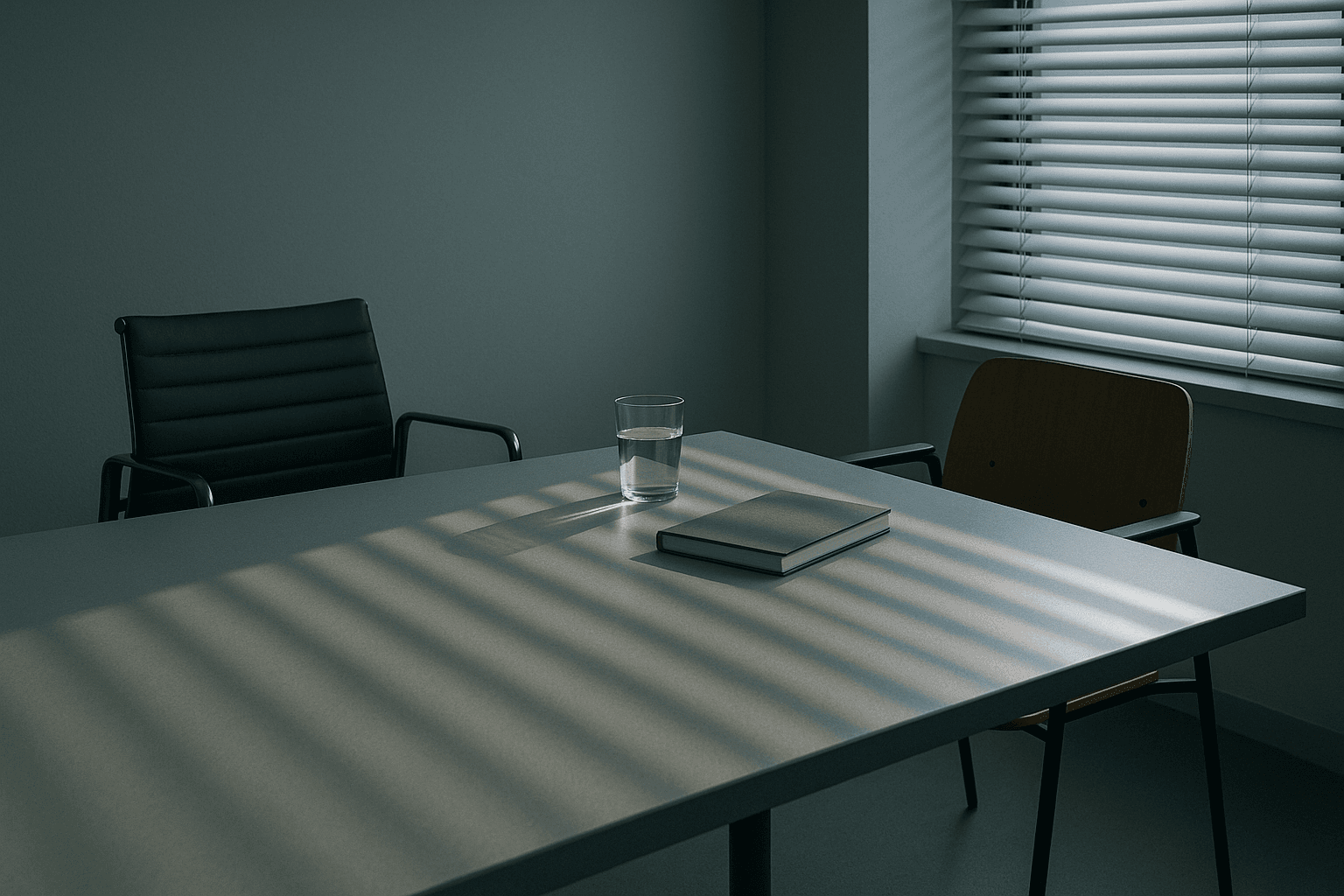Two empty chairs facing each other across a meeting-room table with a glass of water and a closed notebook.
