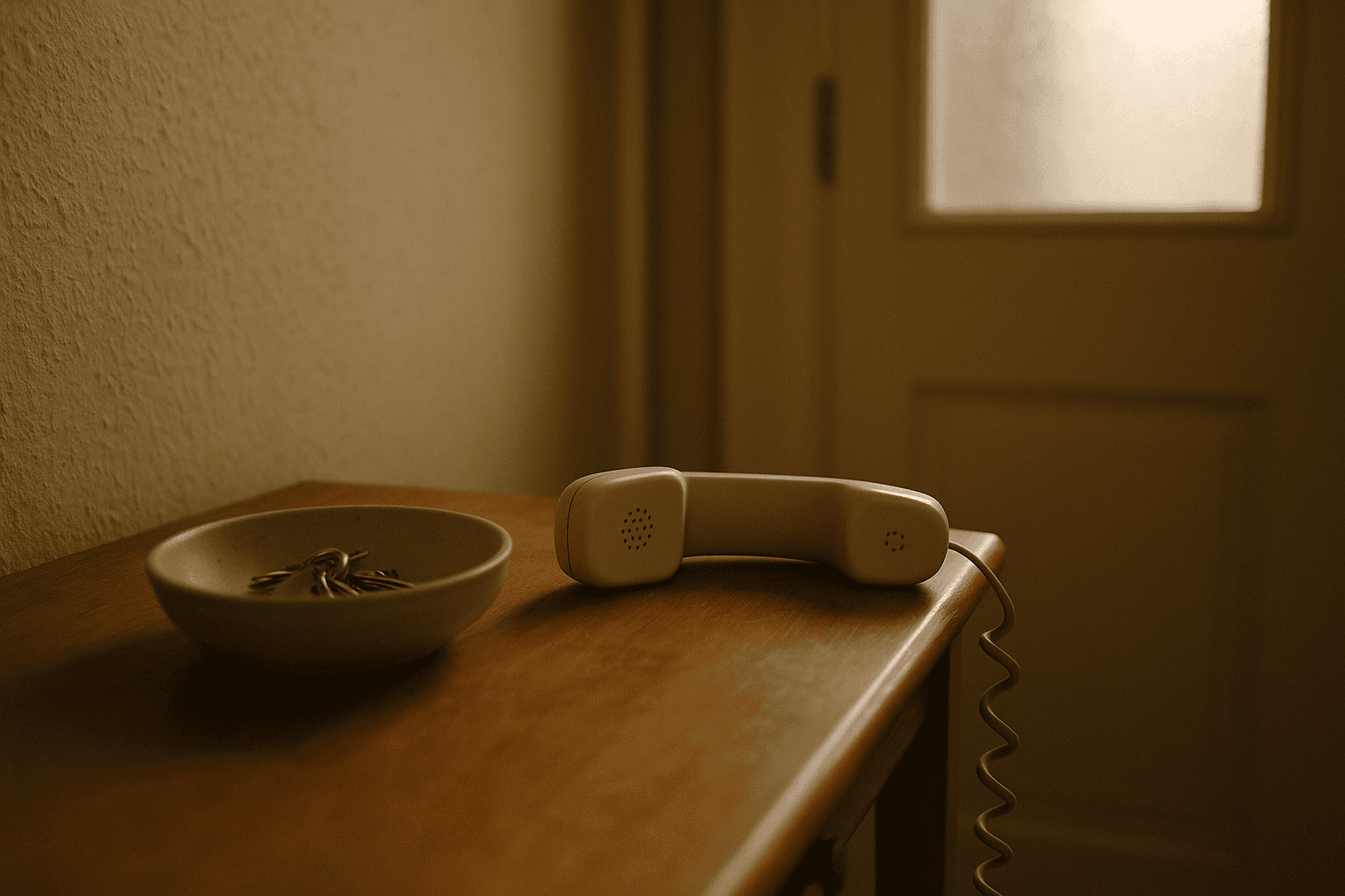 A landline handset resting off its cradle on a hall table beside a bowl of keys.