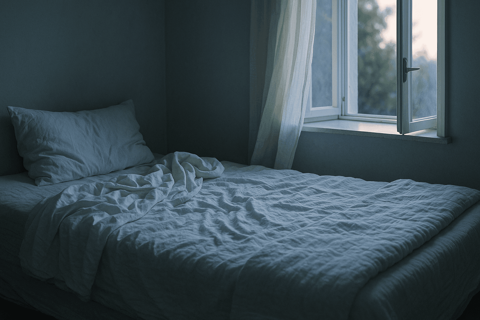 An unmade bed in dawn light with a light duvet pushed aside and a heavier one folded at the foot.
