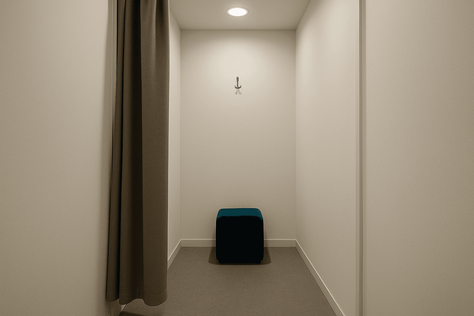 An empty changing cubicle with a half-drawn curtain, one high hook, and a small velvet stool in the middle of the floor.