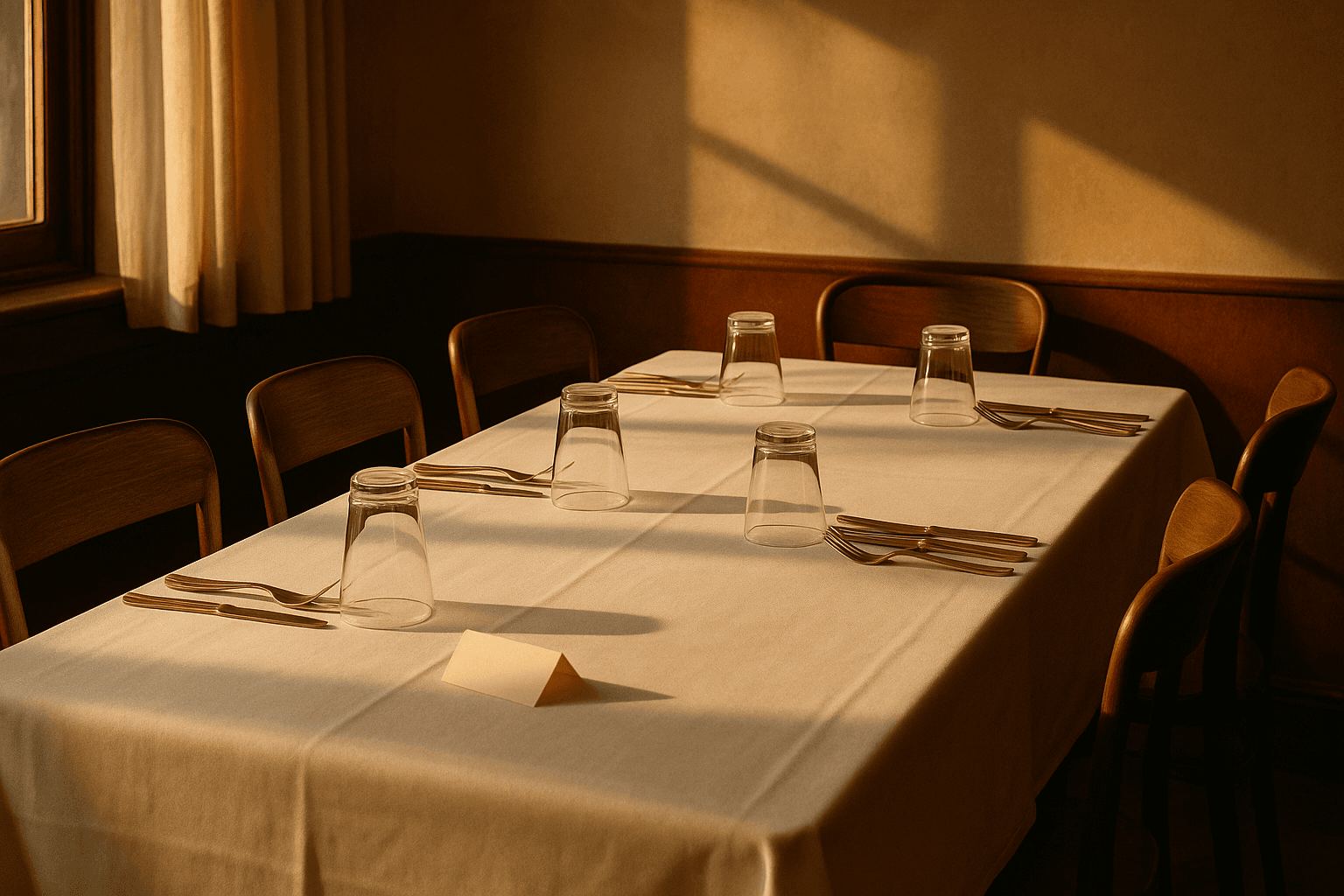 An empty restaurant table laid for six, with one chair pulled out of line and a folded card face down.