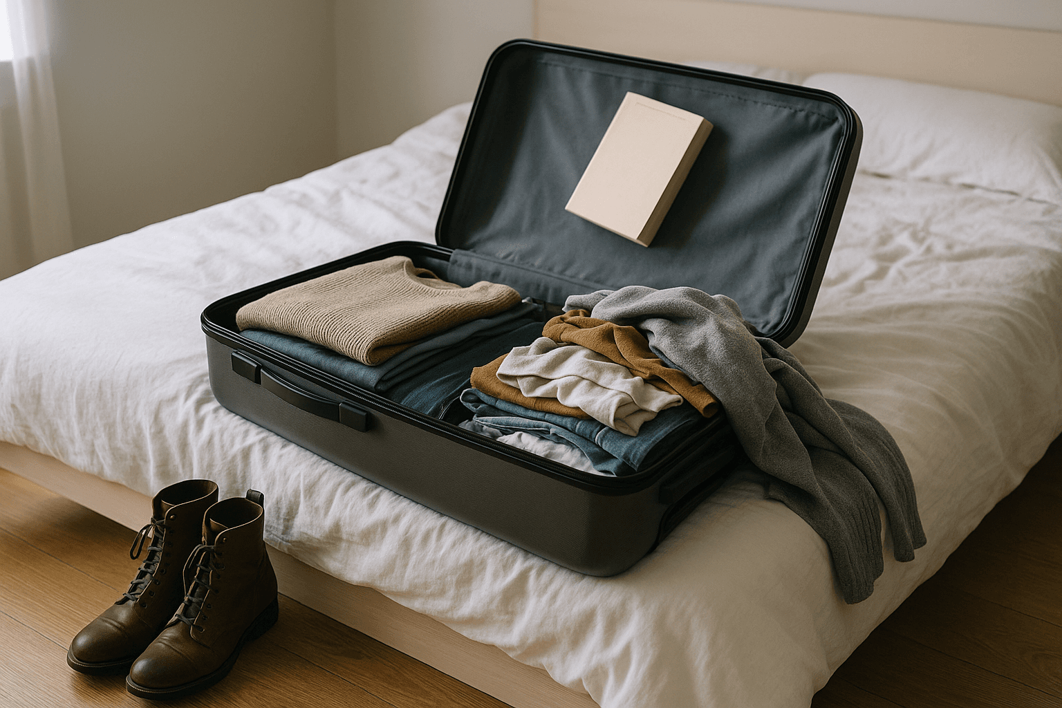 An open suitcase on an unmade bed in morning light, half neatly packed and half a pile of clothes, with boots on the floor beside it.