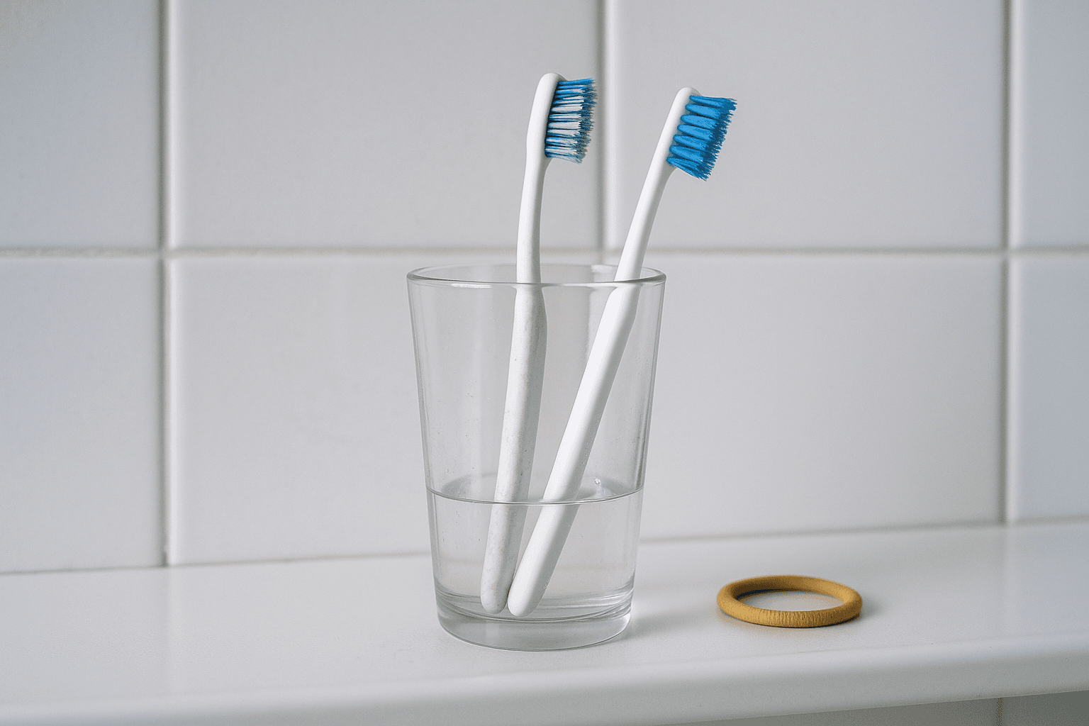Two toothbrushes of different ages sharing one glass on a bathroom shelf in cool daylight, with a hair elastic beside them.